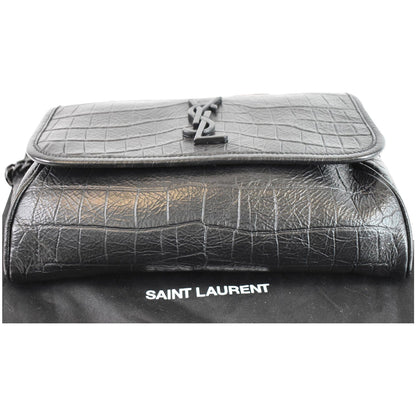YVES SAINT LAURENT Niki Croc Embossed Leather Shoulder Bag Black