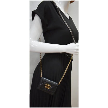 CHANEL 19 Flap Coin Purse Quilted Goatskin Chain Crossbody Bag Black