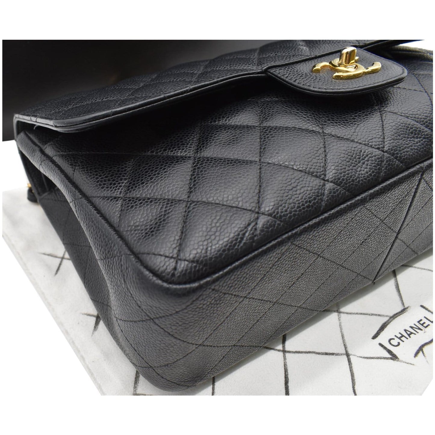 CHANEL Classic Jumbo Double Flap Caviar Leather Shoulder Bag Black