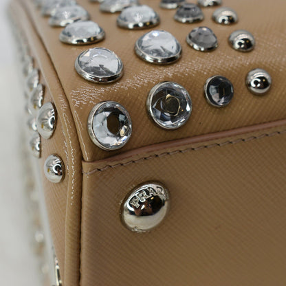 PRADA Vernice Crystal Small Frame Studded Saffiano Leather Top Handle Bag Beige