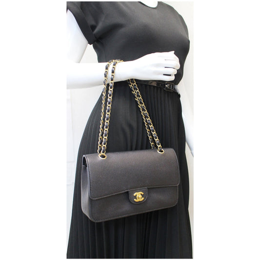 CHANEL Classic Pure Caviar Medium Double Flap Leather Shoulder Bag Black