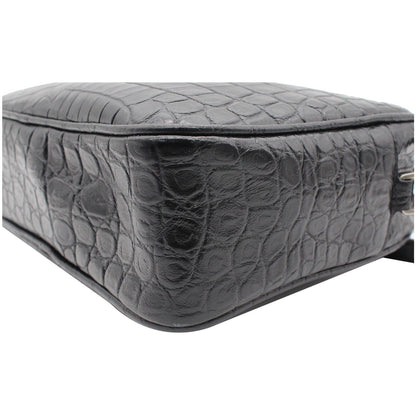 YVES SAINT LAURENT Lou Crocodile Embossed Leather Camera Crossbody Bag Black