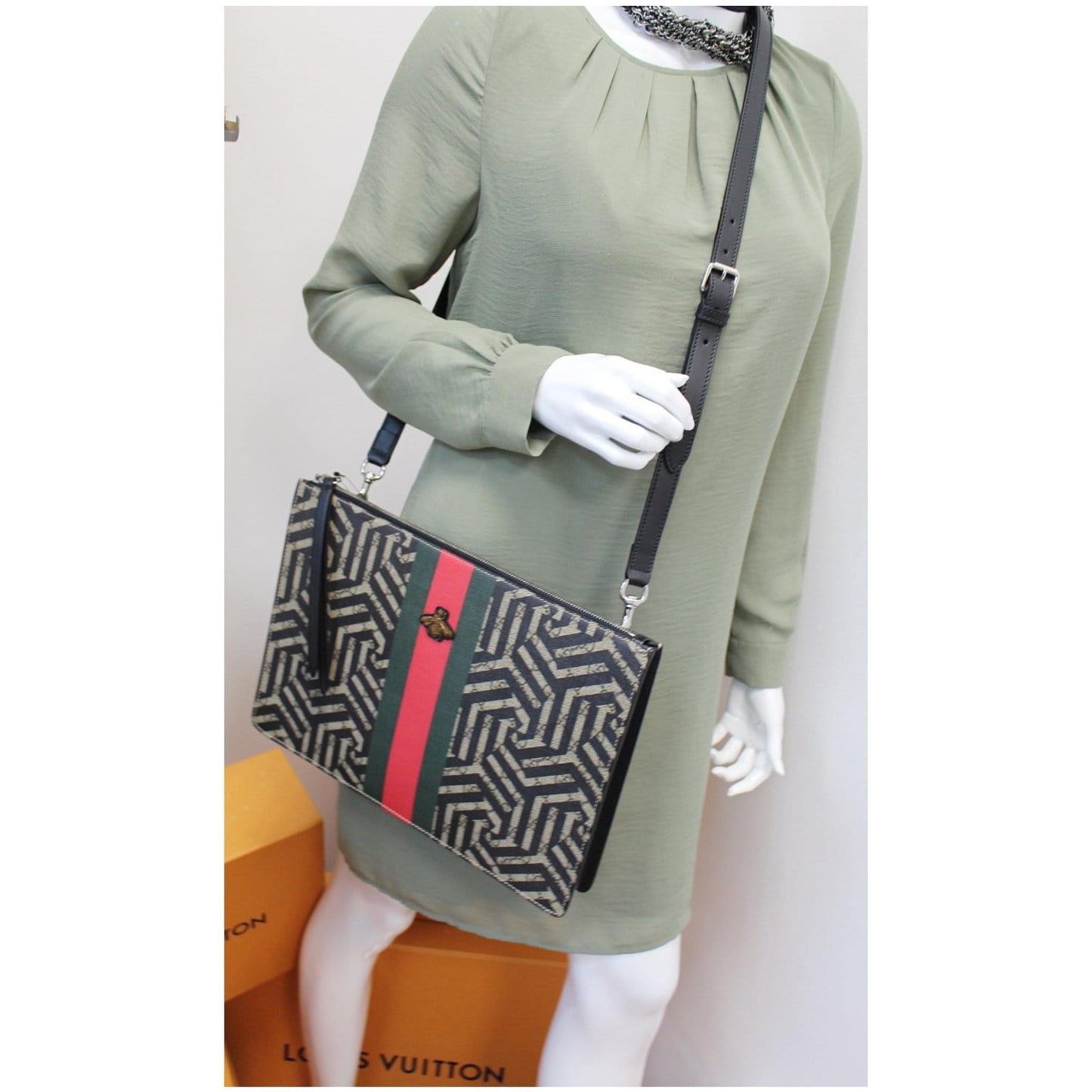 GUCCI GG Supreme Caleido Web Crossbody Messenger Bag Beige