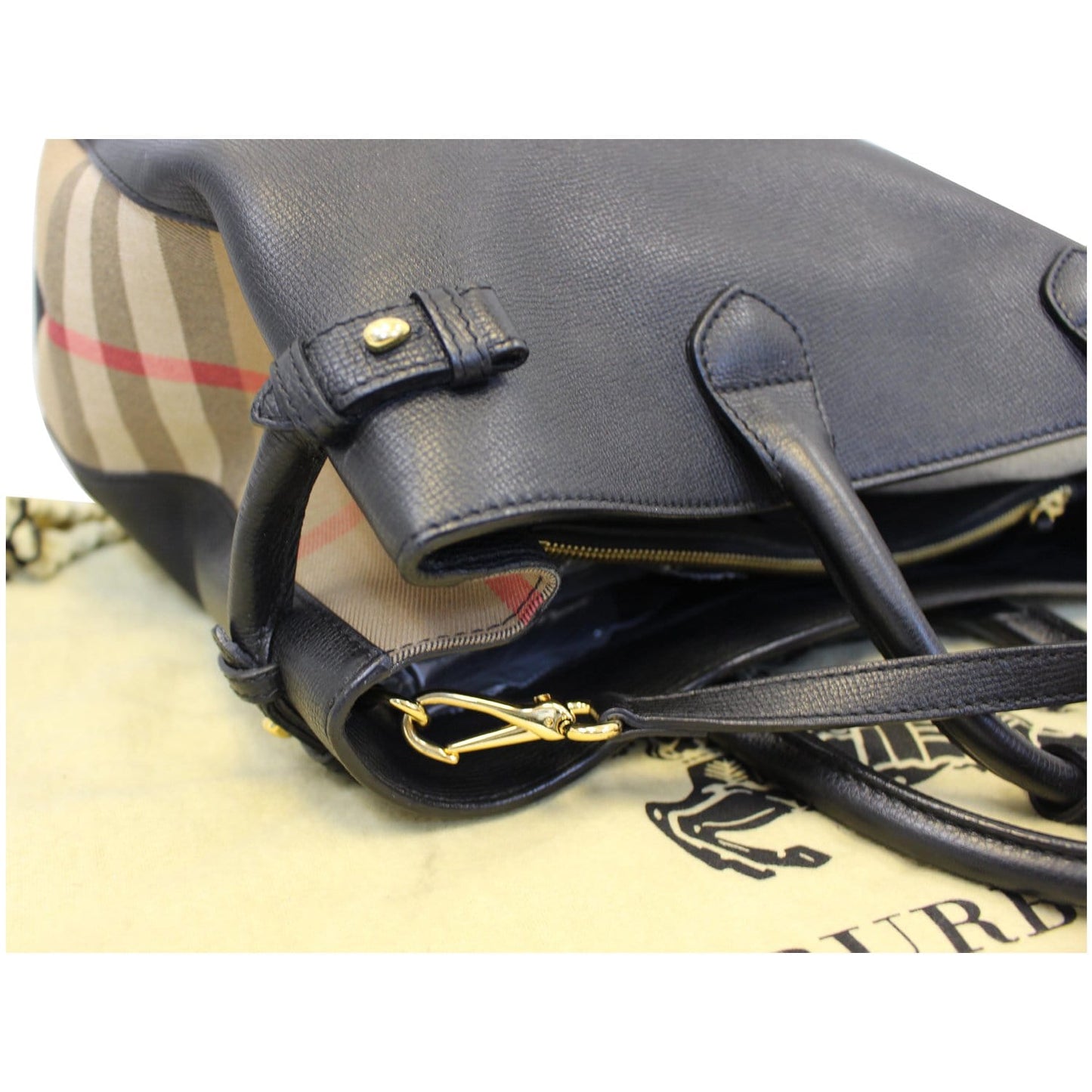 BURBERRY Large Banner Calf Leather House Check Tote Bag Black
