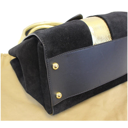 BURBERRY The Medium Buckle Suede and Snakeskin Tote Shoulder Bag Black