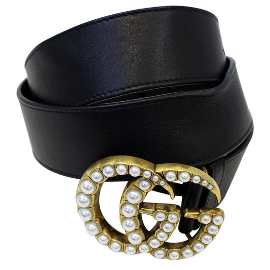 GUCCI Pearl Double G Black Leather Belt Size 44