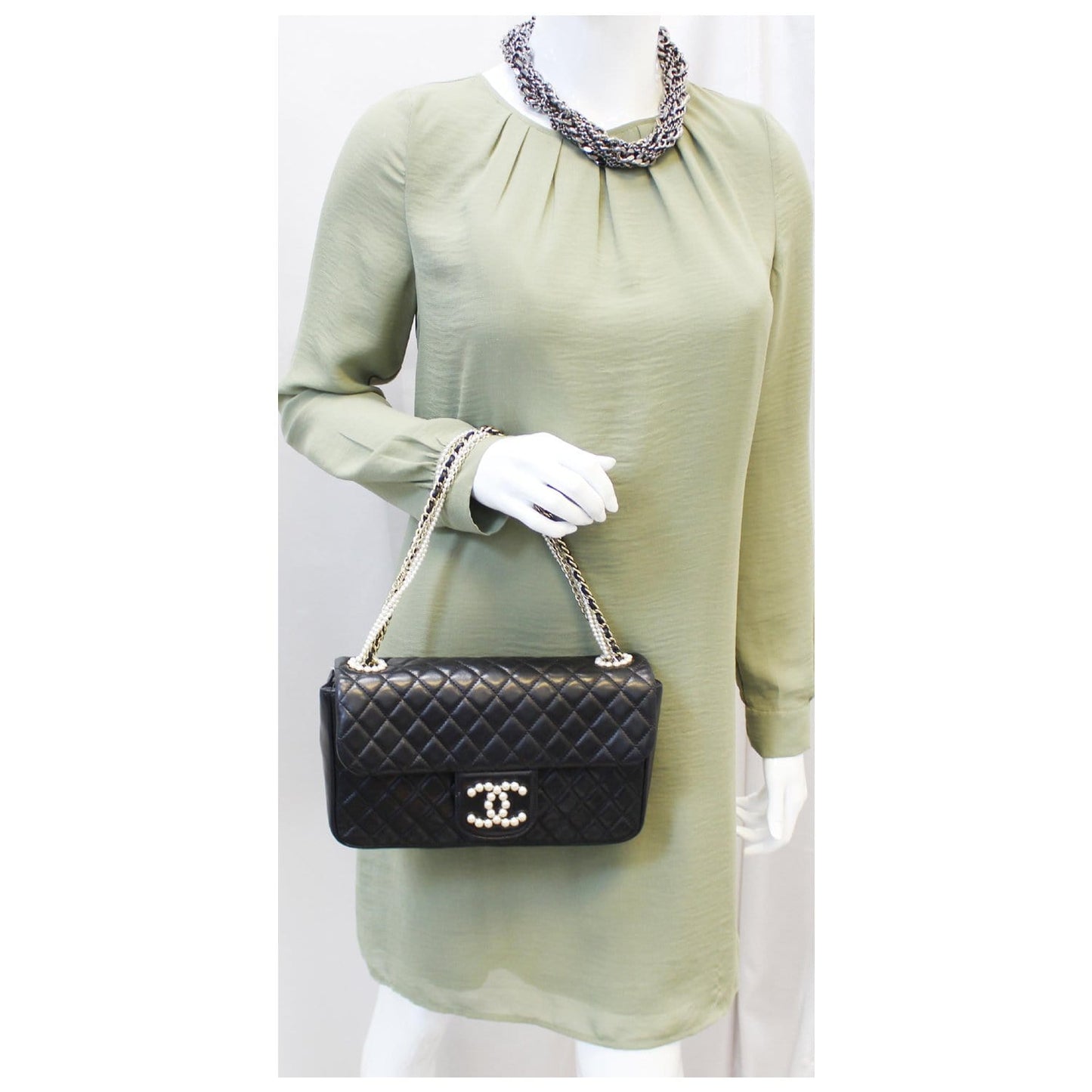 CHANEL Westminster Pearl Flap Lambskin Medium Shoulder Bag Black