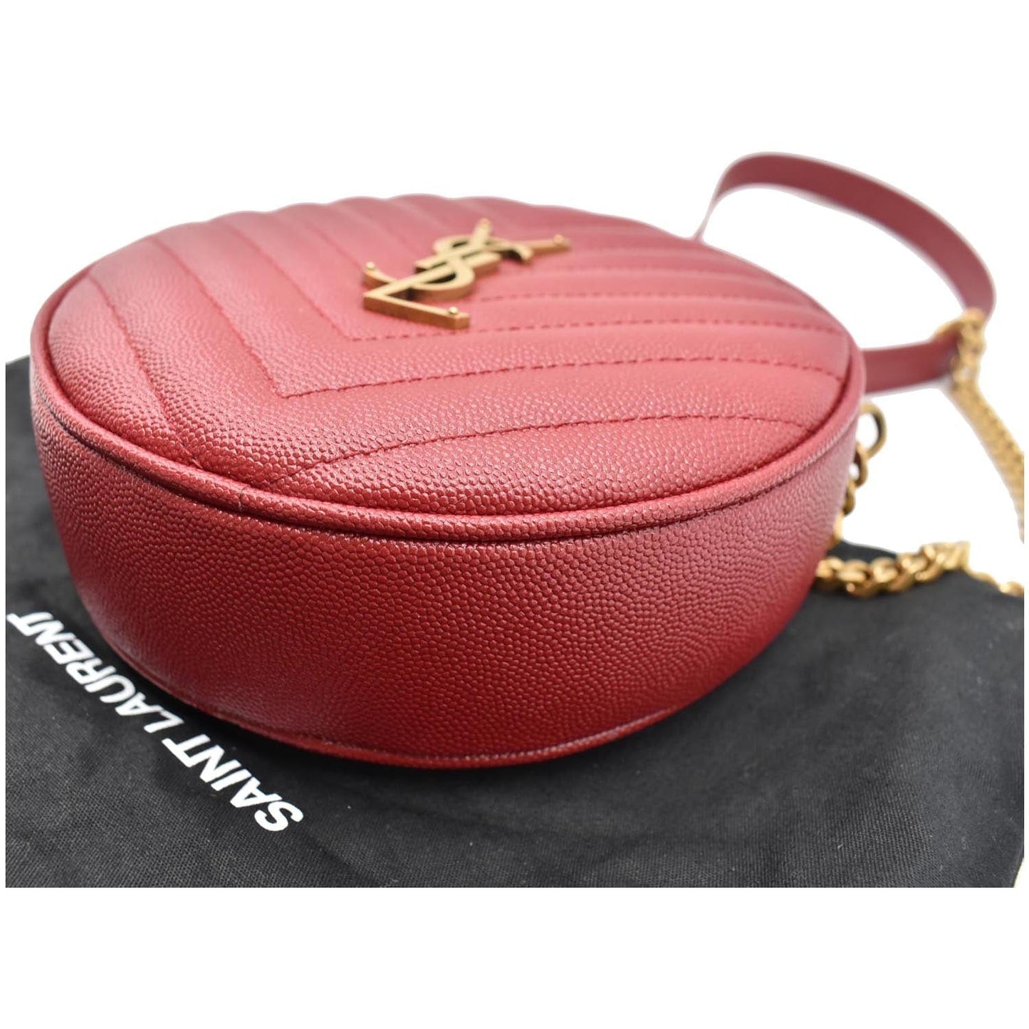 YVES SAINT LAURENT Vinyle Round Chevron Leather Camera Crossbody Bag Red