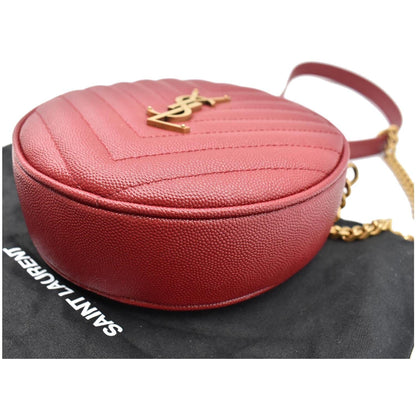 YVES SAINT LAURENT Vinyle Round Chevron Leather Camera Crossbody Bag Red