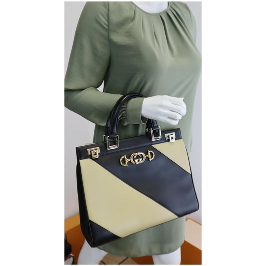 GUCCI Medium Zumi Diagonal Stripe Leather Top Handle Bag Beige 564714