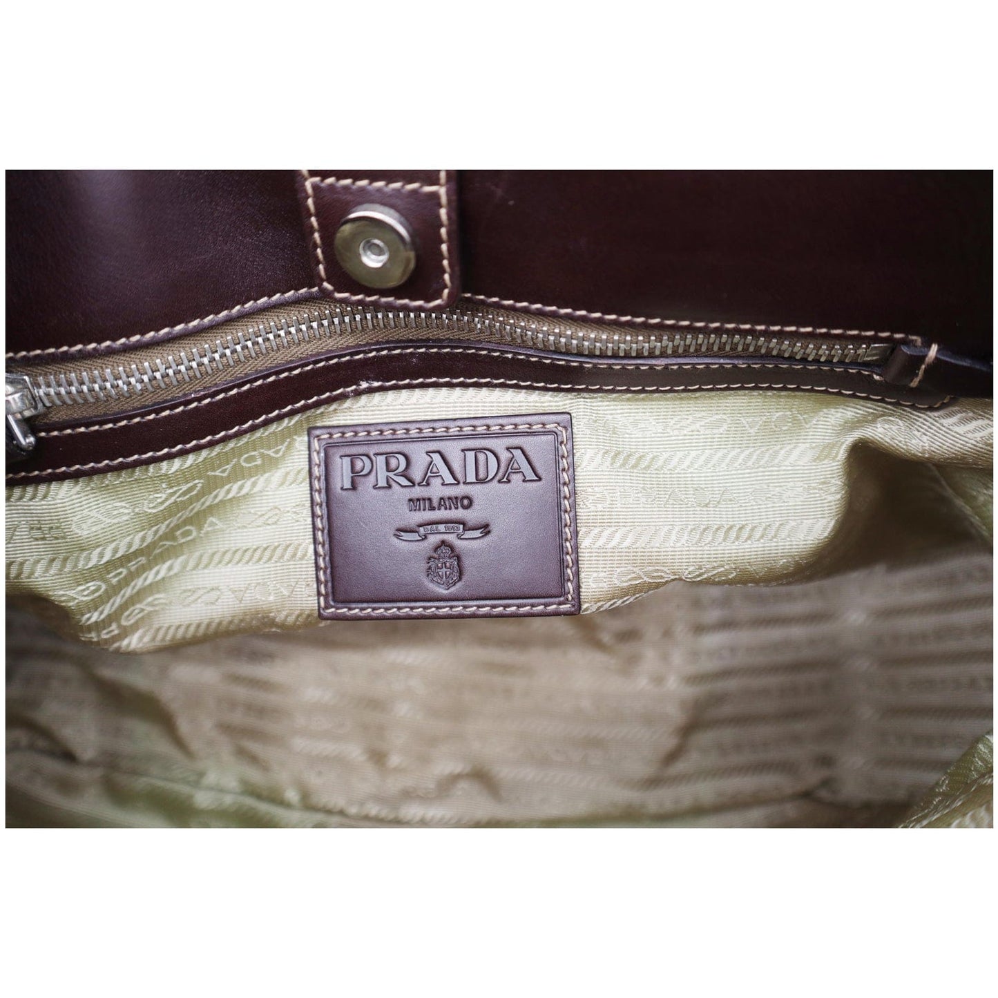 PRADA Jacquard Logo Canvas Leather Tote Shoulder Bag Beige