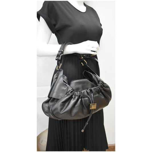 BURBERRY Warrior Drawstring Leather Hobo Bag Black
