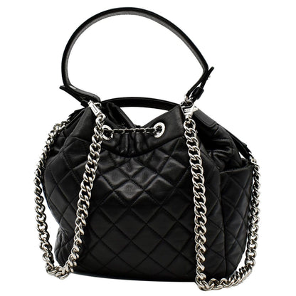 CHANEL Drawstring Bucket Quilted Lambskin Leather Shoulder Bag Black