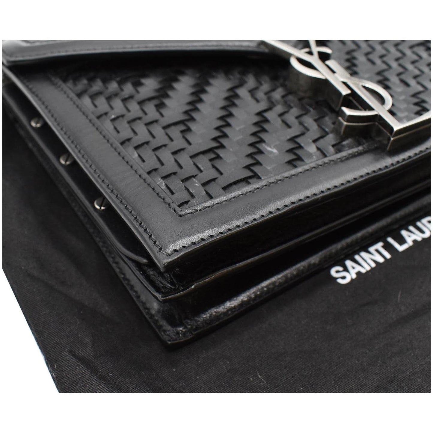 YVES SAINT LAURENT Cassandra Medium Woven Leather Chain Shoulder Bag Black