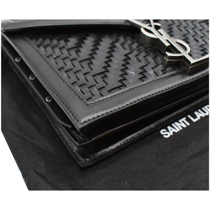 YVES SAINT LAURENT Cassandra Medium Woven Leather Chain Shoulder Bag Black