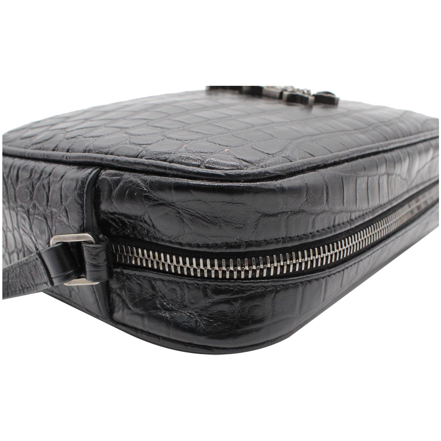 YVES SAINT LAURENT Lou Crocodile Embossed Leather Camera Crossbody Bag Black
