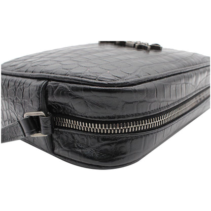 YVES SAINT LAURENT Lou Crocodile Embossed Leather Camera Crossbody Bag Black