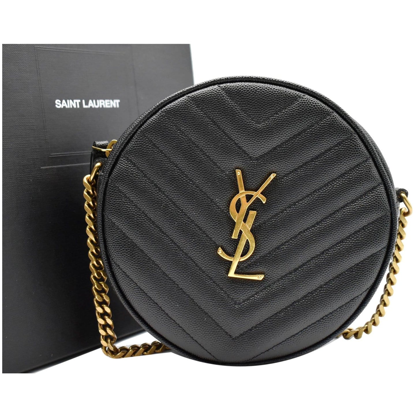 YVES SAINT LAURENT Vinyle Round Chevron Leather Crossbody Bag Black