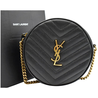 YVES SAINT LAURENT Vinyle Round Chevron Leather Crossbody Bag Black