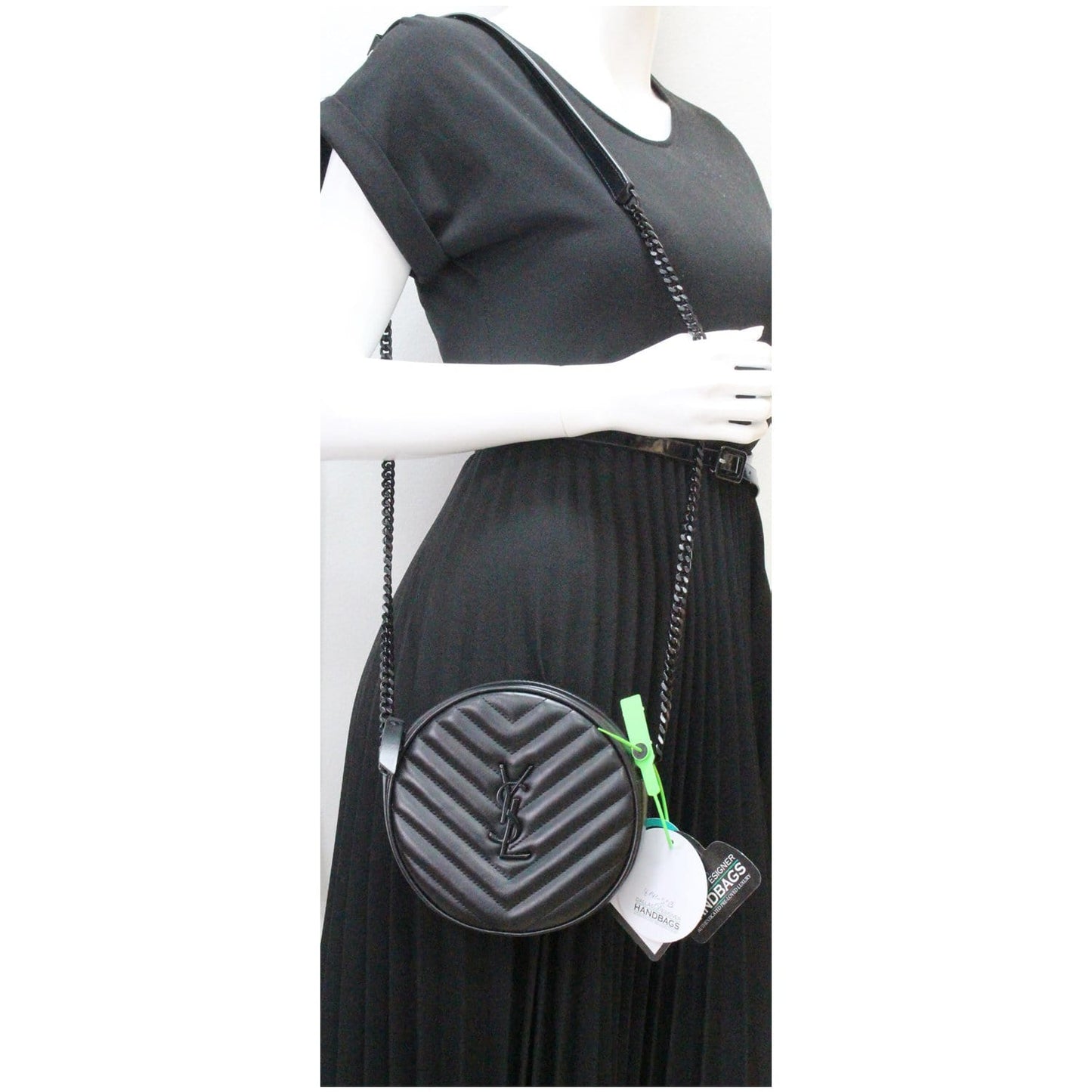 YVES SAINT LAURENT Vinyle Round Chevron Leather Camera Crossbody Bag Black