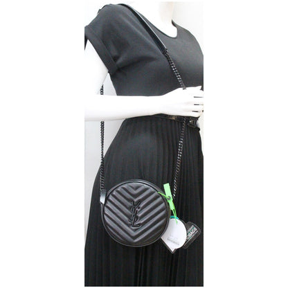 YVES SAINT LAURENT Vinyle Round Chevron Leather Camera Crossbody Bag Black