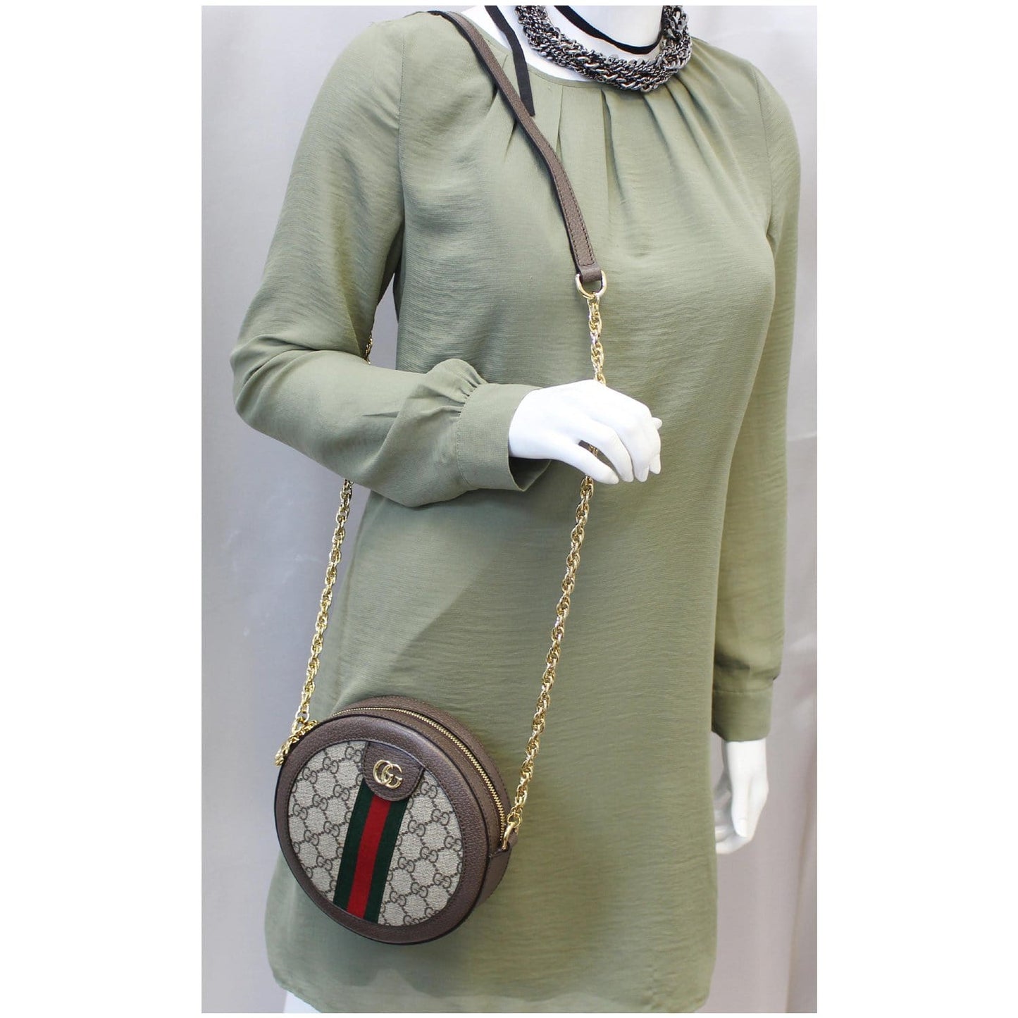 Gucci Ophidia Mini GG Round Supreme Monogram Web Crossbody Bag Beige