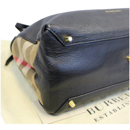 BURBERRY Black Calf Leather House Check Medium Banner Tote Bag