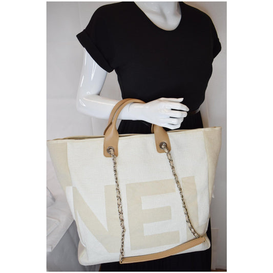 CHANEL 18P Deauville 2Way Logo Chain Shopping Tote Bag Beige