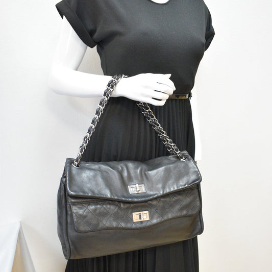 CHANEL Double Foldover Twist Closure Smooth Lambskin Tote Bag Black