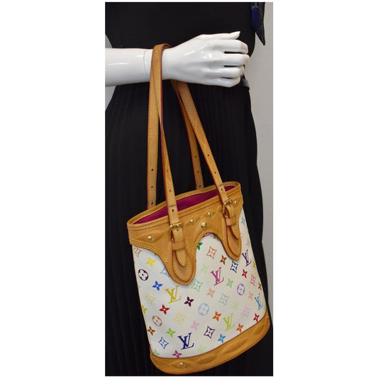 LOUIS VUITTON Fringe Bucket Monogram Multicolor Shoulder Bag White