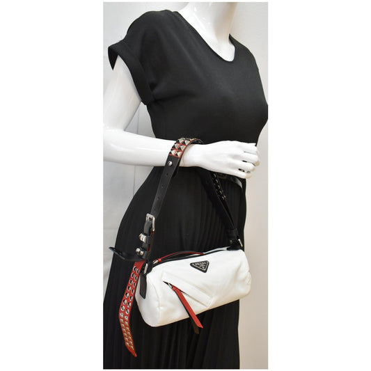 PRADA New Vela Cylindrical Nylon Shoulder Bag White