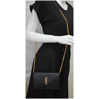 YVES SAINT LAURENT Envelope Chevron Grain De Poudre Envelope Chain Wallet Black
