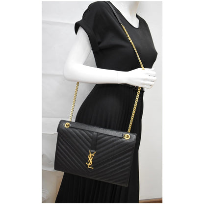 YVES SAINT LAURENT Large Envelope Grain De Poudre Chain Shoulder Bag Black