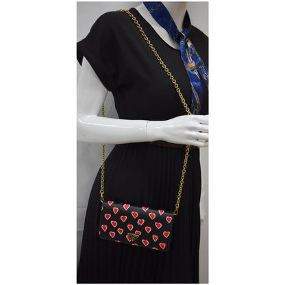 PRADA Saffiano Heart Print Long Leather Wallet on Chain Crossbody Bag Black