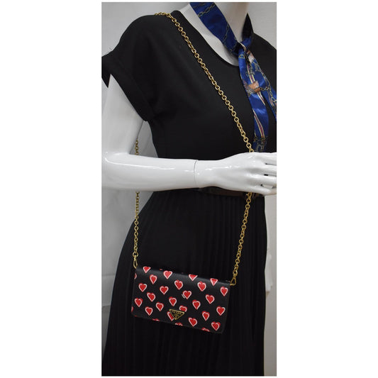 PRADA Saffiano Heart Print Long Leather Wallet on Chain Crossbody Bag Black