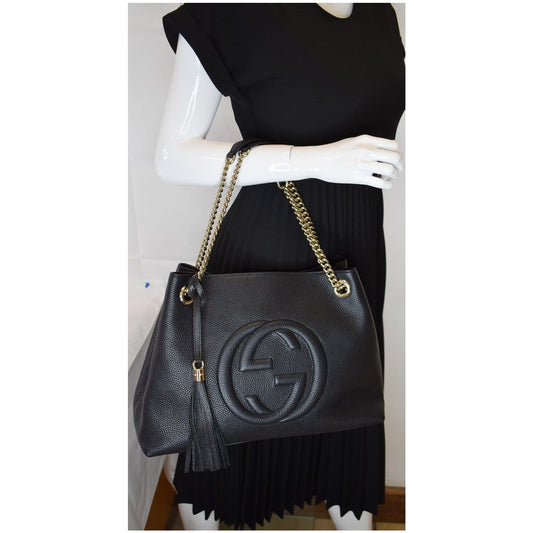 GUCCI Medium Soho Chain Leather Tote Bag Black 536196