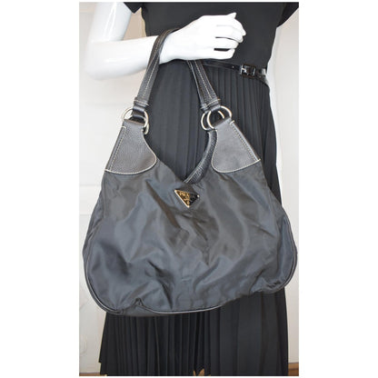 PRADA  Nylon Leather Strap Hobo Bag Black