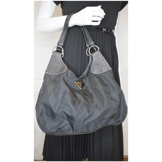 PRADA  Nylon Leather Strap Hobo Bag Black