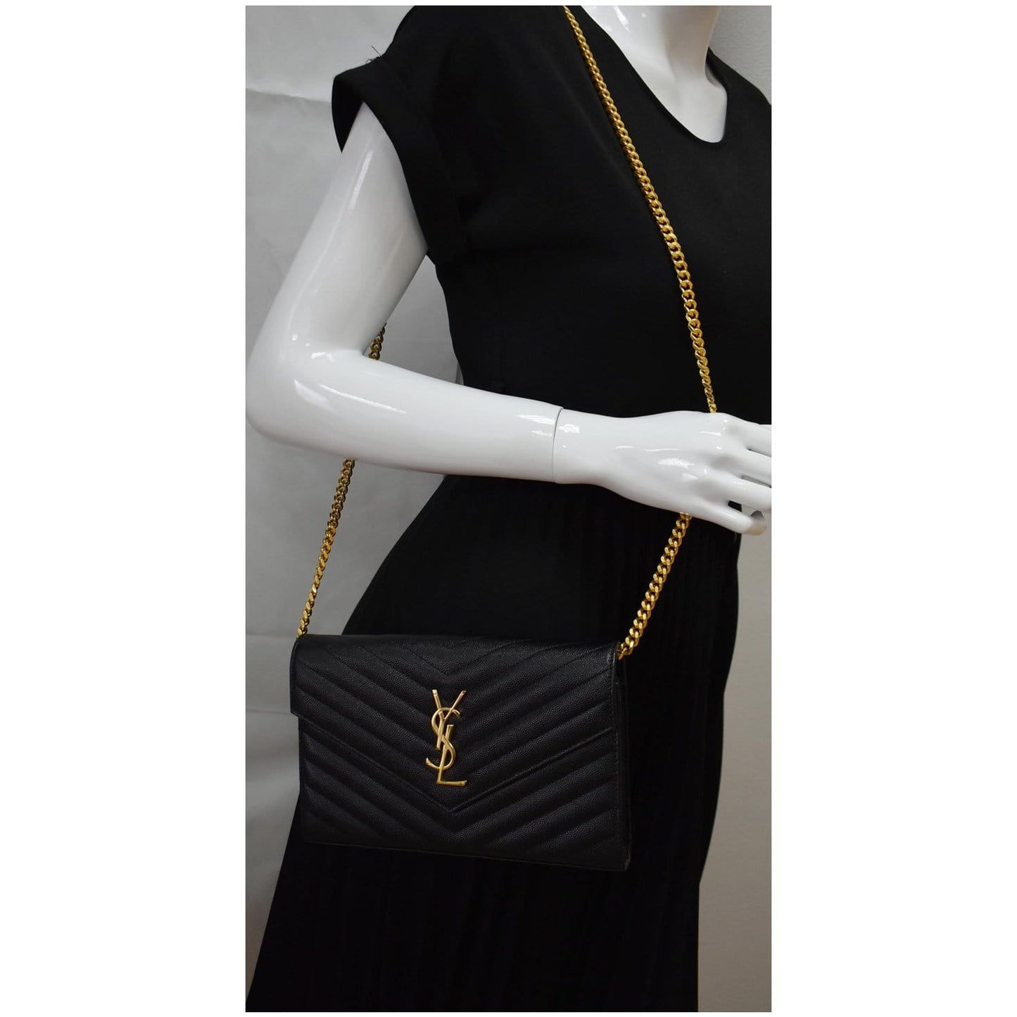 YVES SAINT LAURENT Monogram Envelope Leather Crossbody Chain Wallet Black
