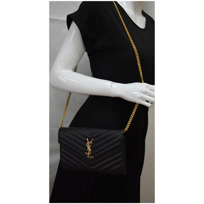 YVES SAINT LAURENT Monogram Envelope Leather Crossbody Chain Wallet Black