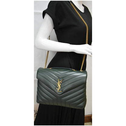YVES SAINT LAURENT Loulou Medium Matelasse Leather Chain Shoulder Bag Green
