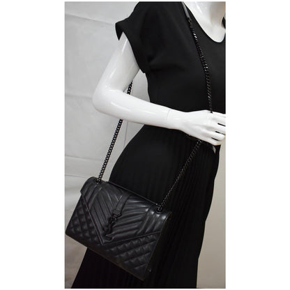 YVES SAINT LAURENT Envelope Mix Matelassé Chain Medium Leather Shoulder Bag Black