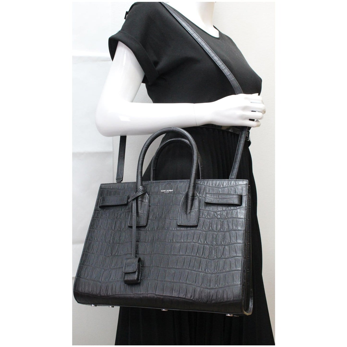 YVES SAINT LAURENT Sac de Jour Small Crocodile-Embossed Satchel Bag Black