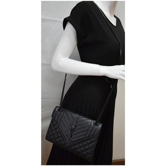 YVES SAINT LAURENT Envelope Mix Matelassé Chain Medium Leather Crossbody Bag Black