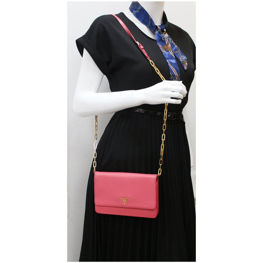 PRADA Saffiano Metal Leather Wallet on Chain Crossbody Bag Pink