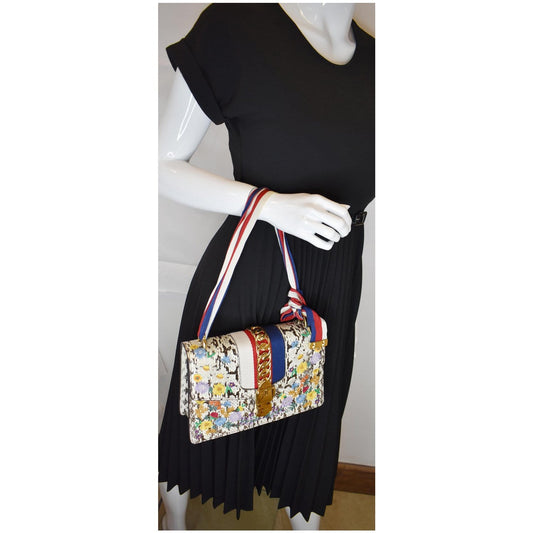 GUCCI Small Sylvie Floral Embroidered Roccia Snakeskin Shoulder Bag Multi 421882 - 25% OFF