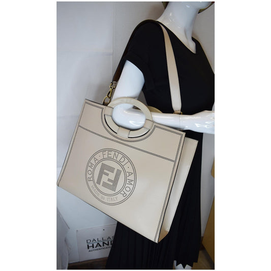 FENDI Runaway Large Perforated Leather Shopper Tote Bag Beige
