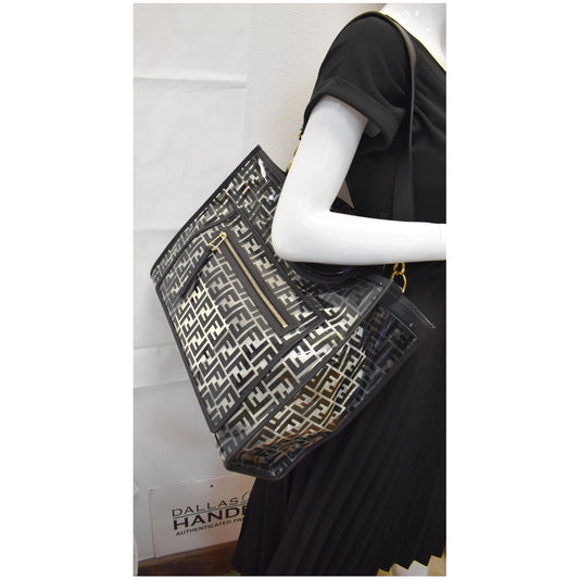 FENDI Runaway Shopper Medium TPU FF Leather Tote Bag Black