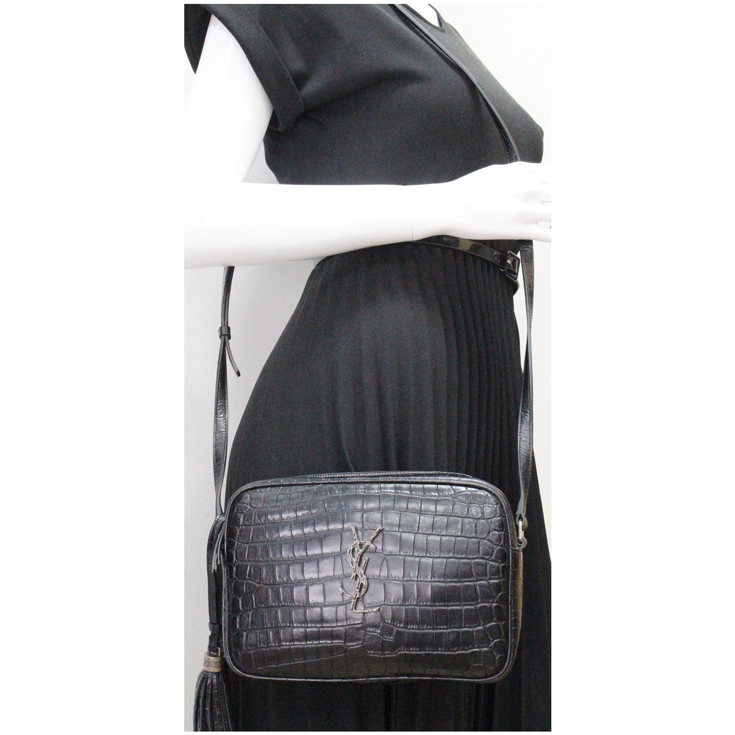 YVES SAINT LAURENT Lou Crocodile Embossed Leather Camera Crossbody Bag Black