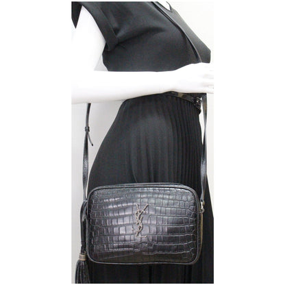 YVES SAINT LAURENT Lou Crocodile Embossed Leather Camera Crossbody Bag Black